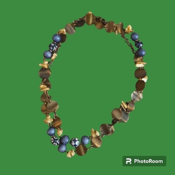 Coldwater Creek Jewelry - VTG Coldwater Creek Ceramic Shell Bronze Disc Beaded Chain Long Necklace